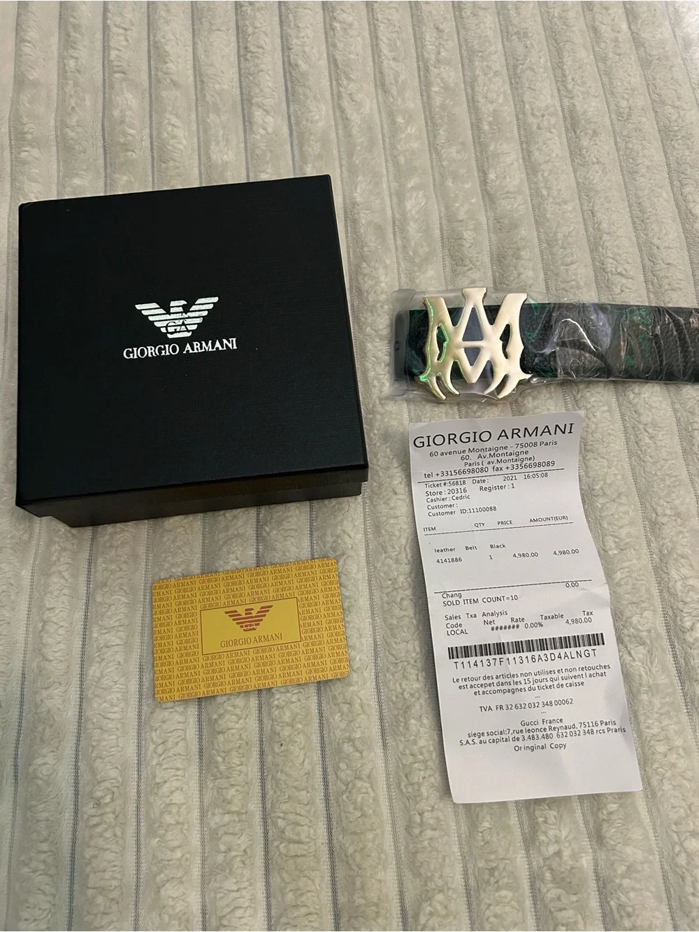 Giorgio Armani Black Leather Belt with Gold Interlocking Logo Buckle